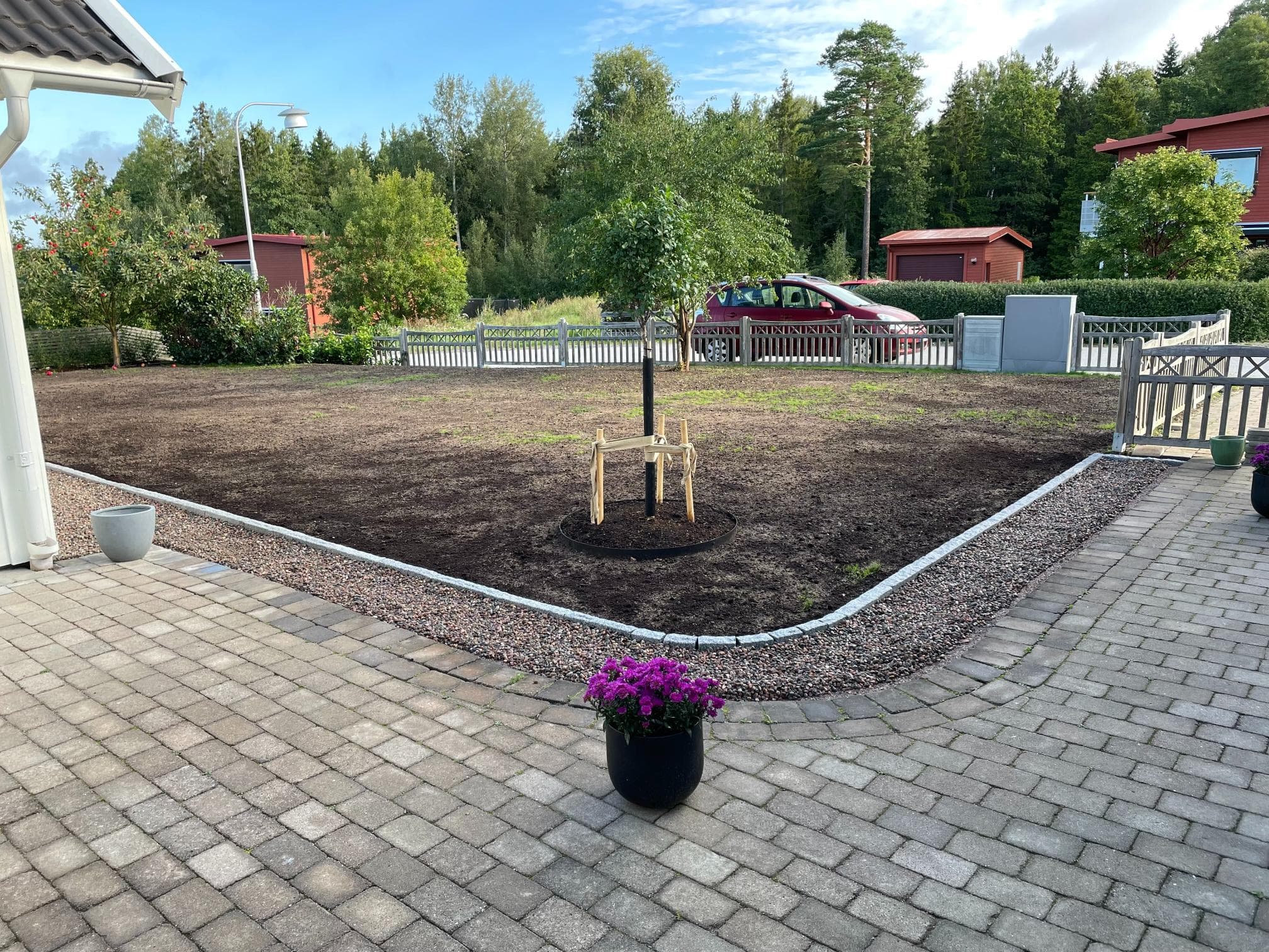 Före trädgårdsomgestaltning – gammal stenläggning med ogräs